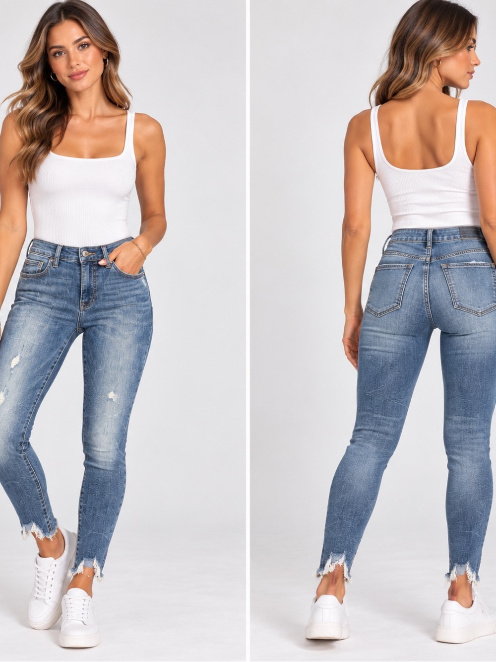 Lucky Brand Medium Blue High-Rise Skinny Ankle Jeans with Distressed Hem